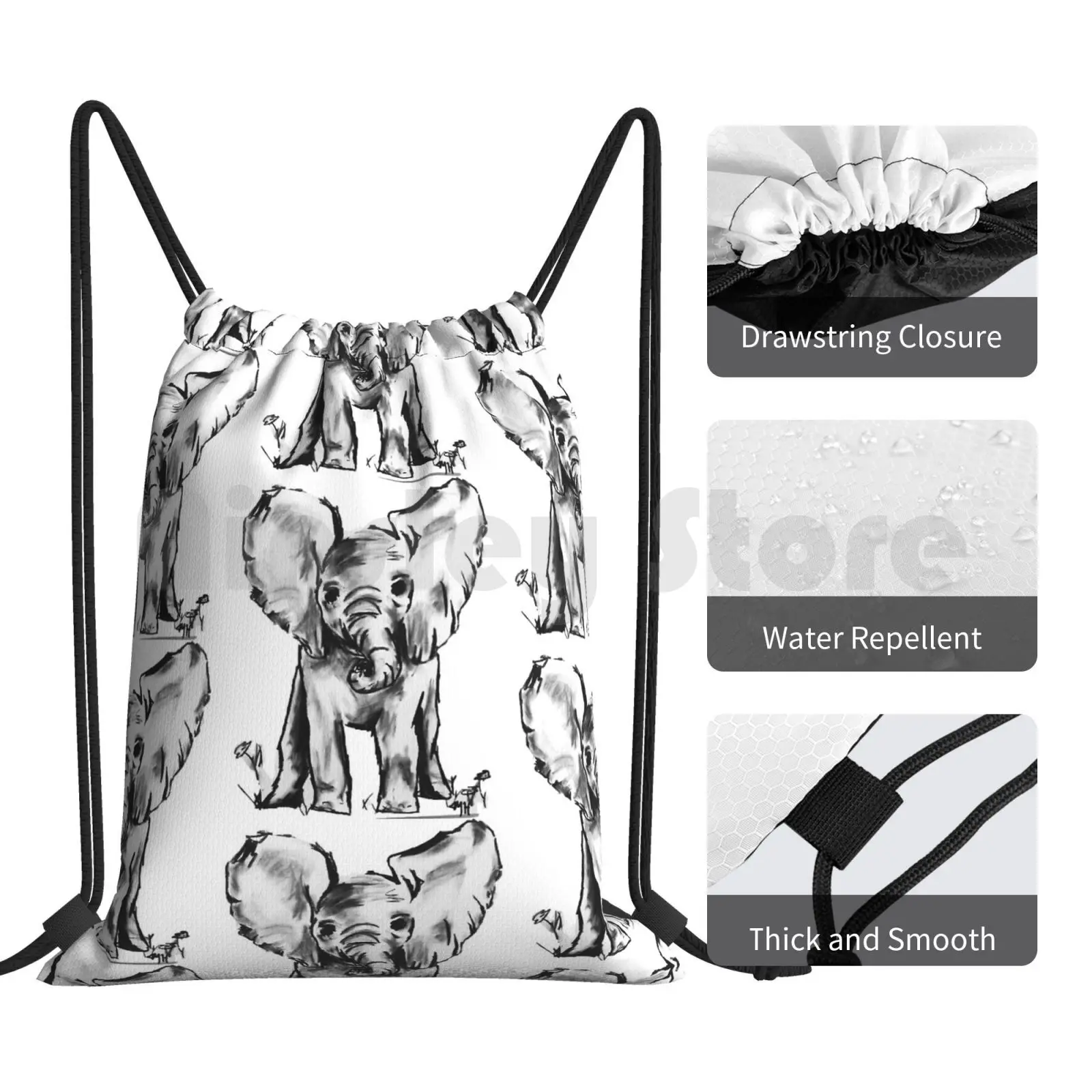 Zaino elefante in bianco e nero borse con coulisse borsa da palestra elefante impermeabile Baby Animal Cute adorabile in bianco e nero