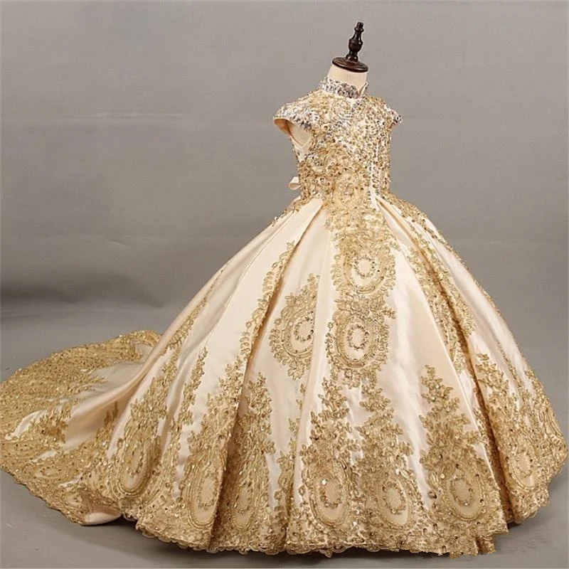 Grânulos dourados vestidos da menina de flor para o casamento elegante pageant vestido sem mangas rendas apliques vestidos de comunhão sagrada para a menina