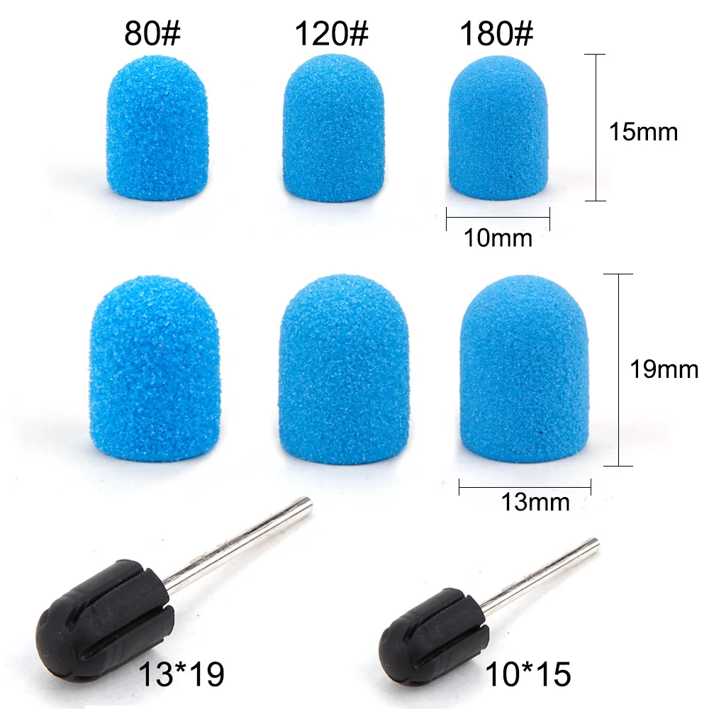 5Pcs 10*15/13*19 Sanding Caps With Rubber Nail Art Sanding Bands Block Caps Mandrel Gel Remover Cuticle Drill Accessories Tool