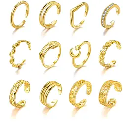 12PCS Adjustable Toe Rings for Women Plated CZ Chain Arrow Moon Hallow Open Toe Ring Set for Women Summer Beach Foot Jewelry