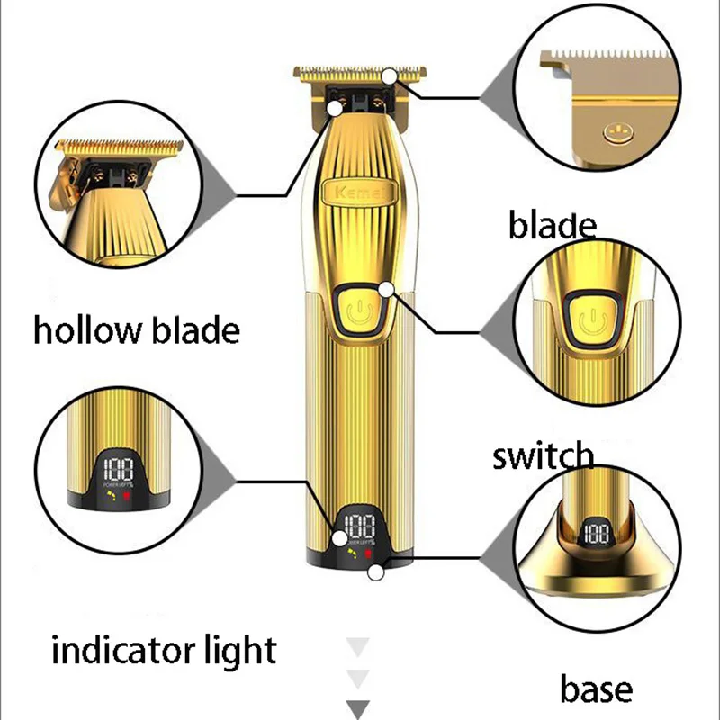 Kemei PRO Metal Housing Barberology Outlining Trimmer Hair Clipper Zero-Gap Exposed T-Blade with 360 View for edge-ups hard line