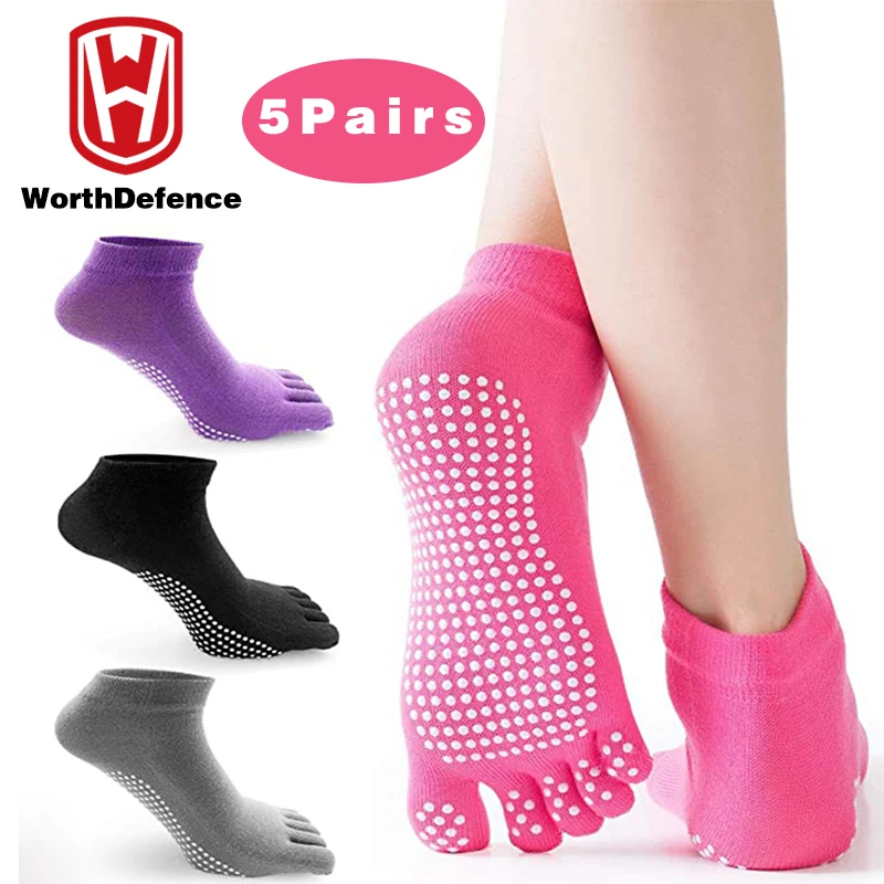 Worthdefence 5 Pairs Women Sports Yoga Socks Five Toes Slipper Anti Slip for Lady Pilates Ballet Heel Dance Compression Socks