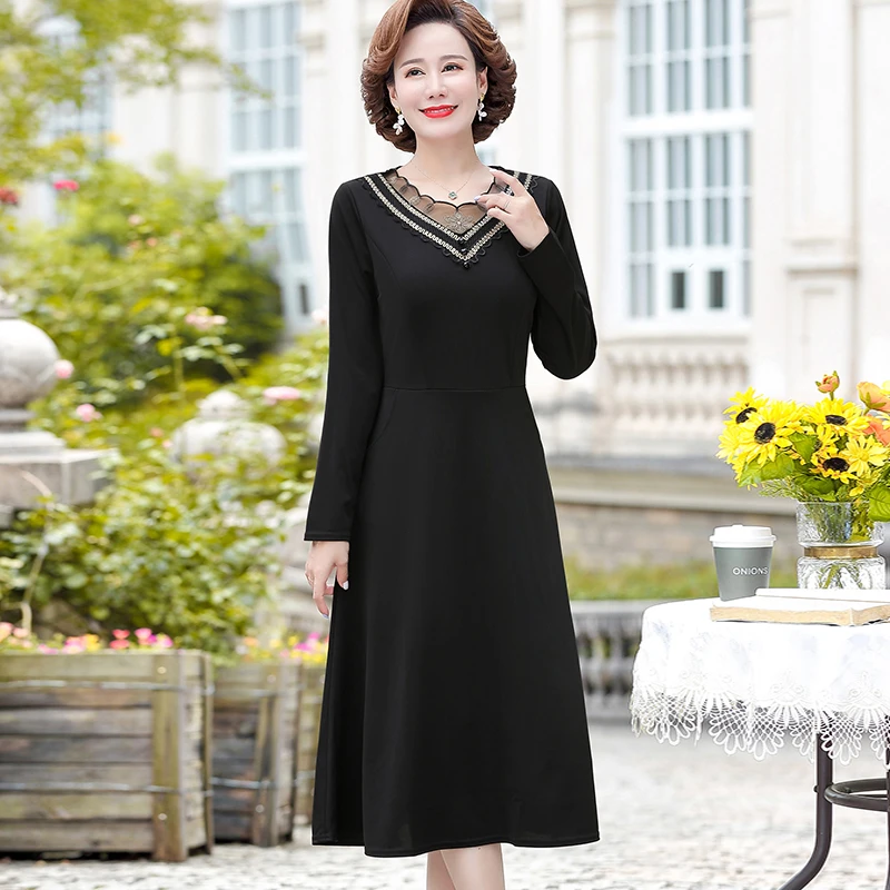 

Women's Dress 2022 Spring Autumn Long-Sleeved V-neck with lace trim Dress Middle Aged Mother Elegant party mid length dress