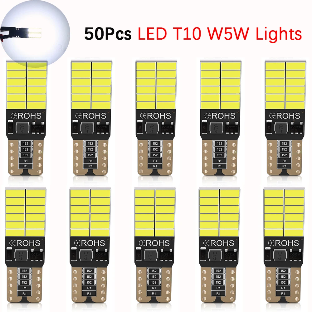 50pcs Wholesale T10 W5W Canbus LED Lights Car Interior LED Bulbs 194 168 Socket 4014 SMD Lamp 3000k White Amber Ice blue Red 12V