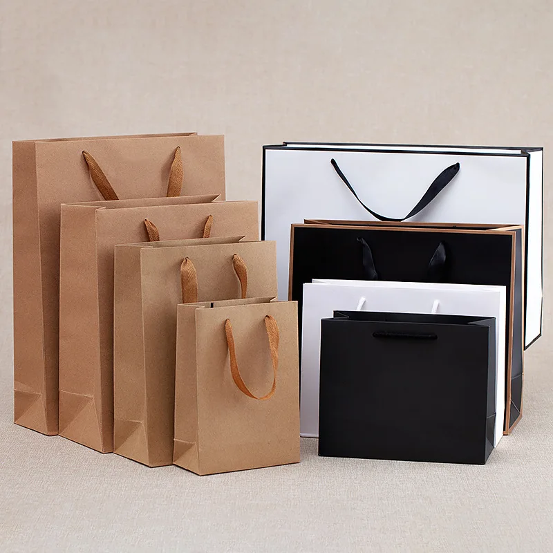 50/100pcs Thick Black White Kraft Paper Tote Bags Clothing Packaging Bag Party Wrapping Gift Takeout Eco-friendly Packing Bags