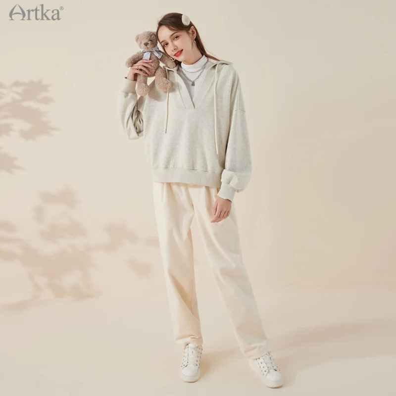 ARTKA 2021 Autumn New Women Hoodies Fashion Casual Pullover V-Neck Hoodies Loose Long Sleeve Gray Hooded Sweatshirt VA20016D