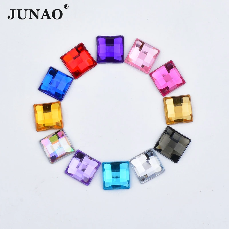 JUNAO 8 10 12 14 16 mm Square Crystal AB Rhinestones Acrylic Applique Flatback Non Hot Fix Crystals Stones for Needlework Crafts