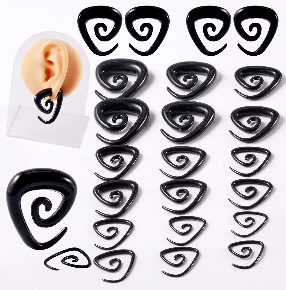 PARA Akrylowe czarne ucho Spiral Expander Zatyczki do uszu Trójkątna spirala Przekłuwanie uszu Nosze Biżuteria do ciała 1,6 mm-10 mm