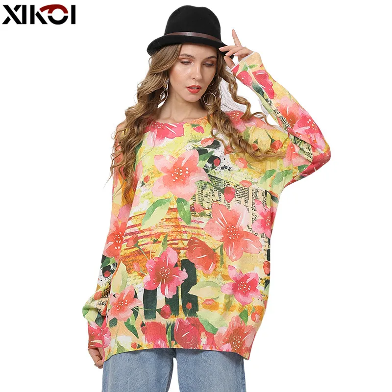 XIKOI Fashion Pink Flowers Print Sweater For Women Winter Long Sweater Oversized Pullovers Casual Knitted Plus Size Jumper Top