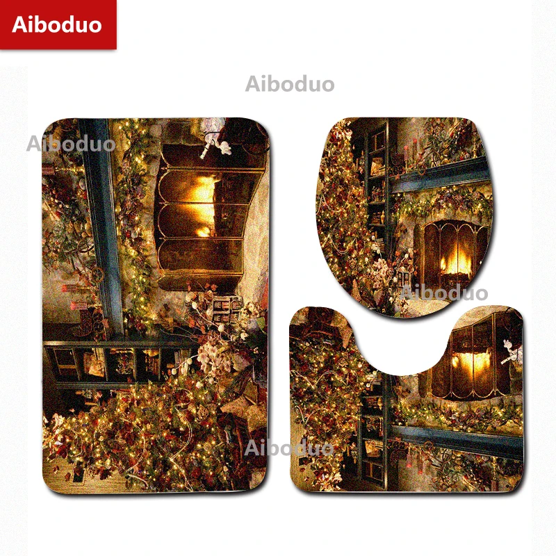 Aiboduo 40*60cm Christmas Tree 3pcs/set Toilet Lid Cover Set NonSlip Absorbent Carpet BathMat Warm Home Decoration Restroom Rug