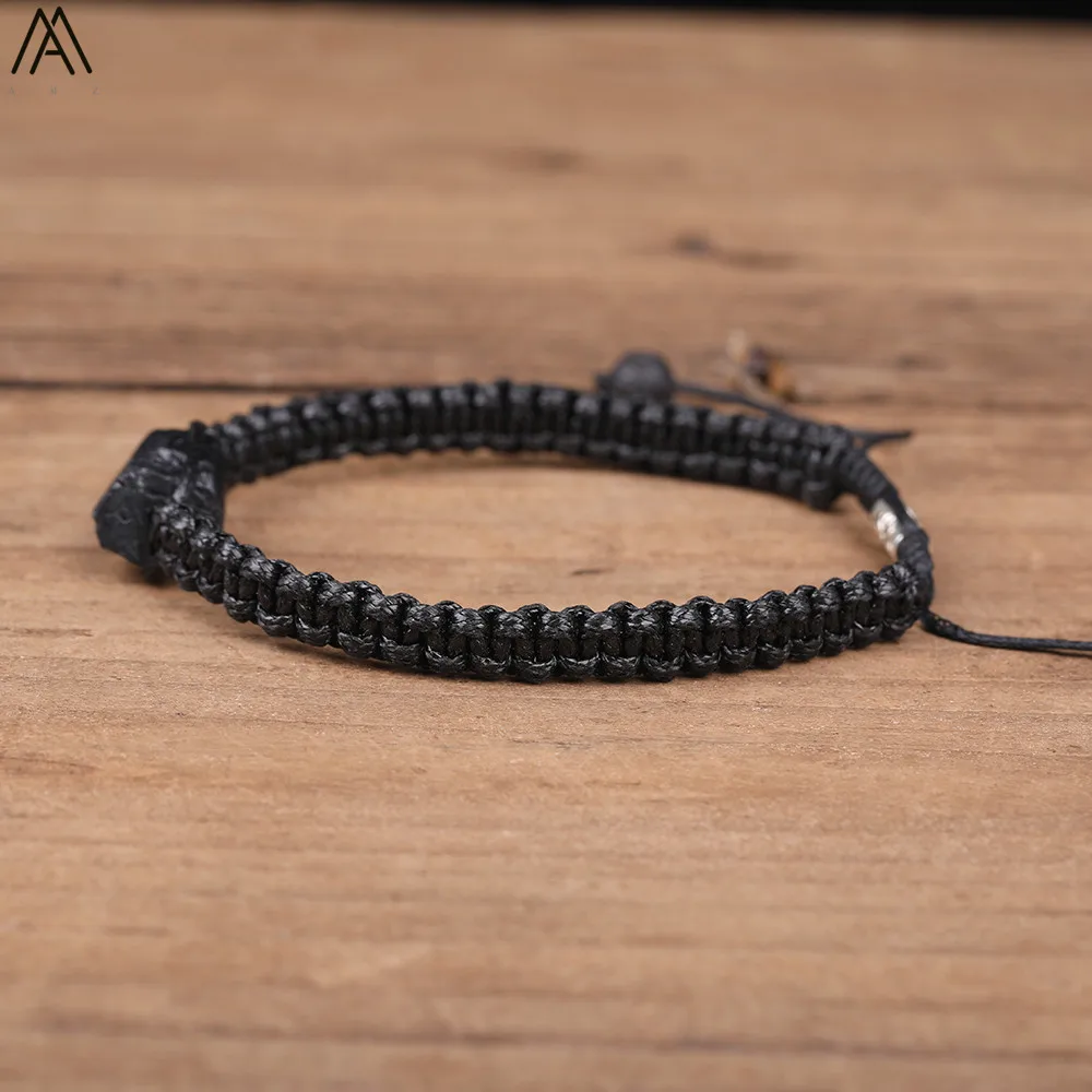 Natural Black Tourmaline Single Beads Woven Adjustable Bracelet Boho Women 6mm Black Lava Stone Beads Mala Bracelet N0383AMC image 5