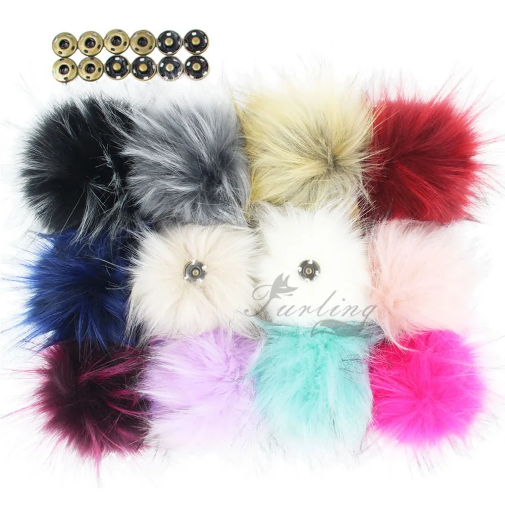 Furling 1PC Fluffy Faux Raccoon Fur 11CM Pom Poms Ball with Press Stud/Button for Beanie Hat DIY Accessories