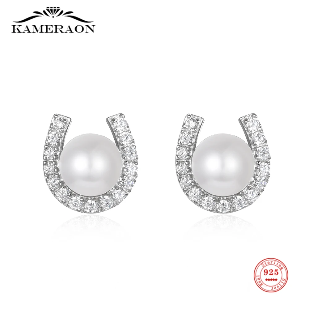 100% Sterling Silver 925  U-shaped Women Stud Earrings with Zircon Shell Simulated-pearl Round Gems Earrings Luxury Ear Jewelry