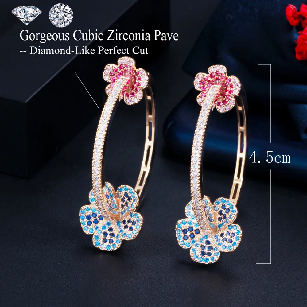 Pera Sweet Red Blue Cubic Zirconia Elegant Flower Shape Large Round Gold Color Hoop Earrings for Women Trendy Brand Jewelry E657