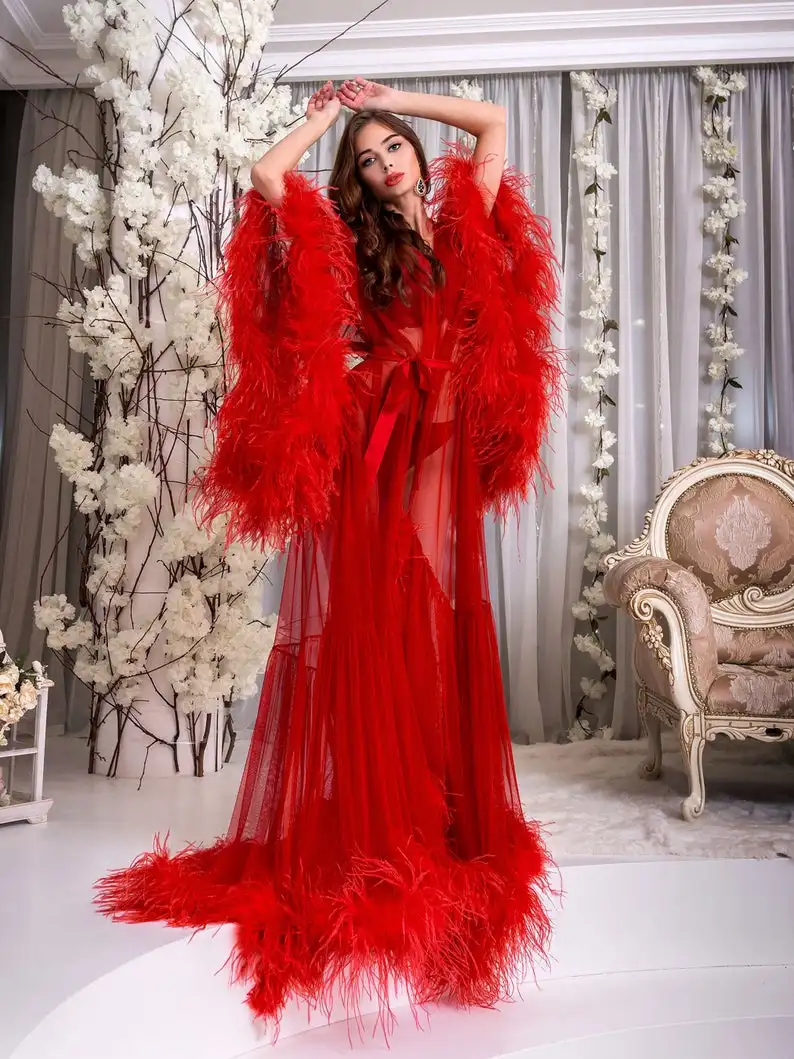 Sexy See Through Red Fur Wedding Nightdress Women Feather Sleepwear Long Sleeve Robe Prom Evening Nightgowns Dress