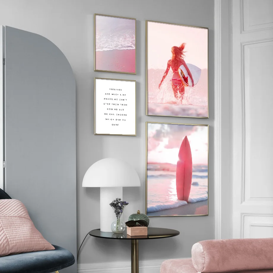 Pink Beach Sea Surfboard Boat Tree Wall Art Print Canvas Painting Nordic Posters And Prints Wall Pictures For Living Room Decor