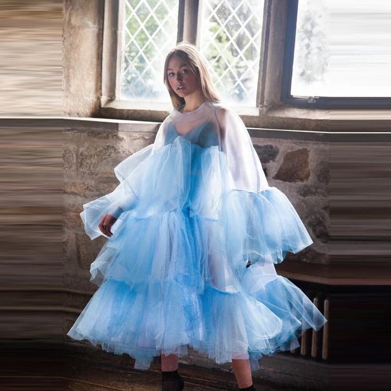 

2022 Pretty Extra Puffy Tiered Tulle Party Dresses Women Jewel Long Sleeve Tutu Tulle Prom Gowns Fashion Color Zipper Back