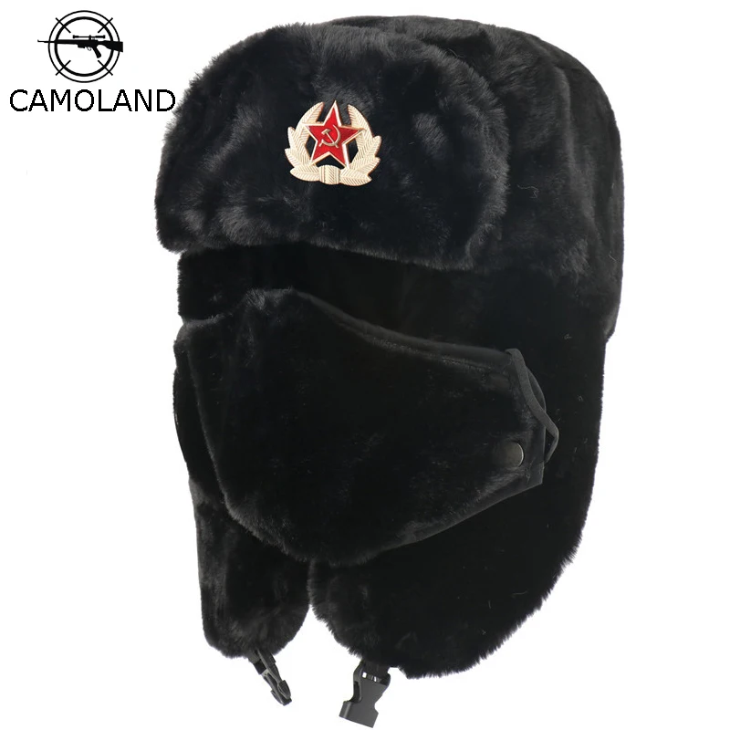 CAMOLAND Soviet Army Military Badge Bomber Hat Men Women Russia Ushanka Hats Faux Rabbit Fur Earflap Snow Caps Trapper Hats