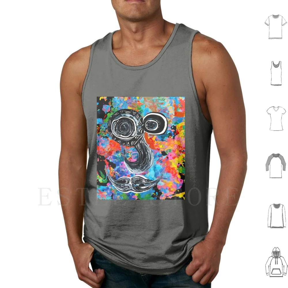 Mustache Tank Tops Vest Sleeveless Bright Multi Sponged Colors Face Big Lips Mustache Eyes Black