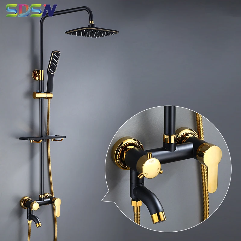 Black Gold Shower Set SDSN Solid Brass Bathroom Shower Faucets Apple Bath Shower System 8 Inch Rainfall Bath Shower Set