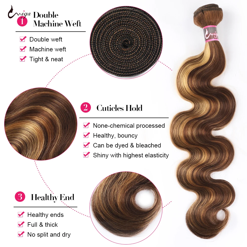 Highlight Body Wave Human Hair Bundles P4/27 Honey Blonde Ombre Bundles Human Hair 10A Brazilian Hair Weave Bundles Uwigs Hair