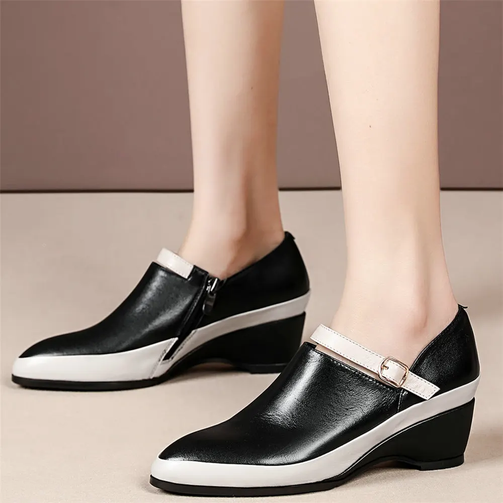 Office Shoes Women Genuine Leather Kitten High Heel Platform Party Pumps Shoes Female Low Top Round Toe Ankle Boots Casual Shoes