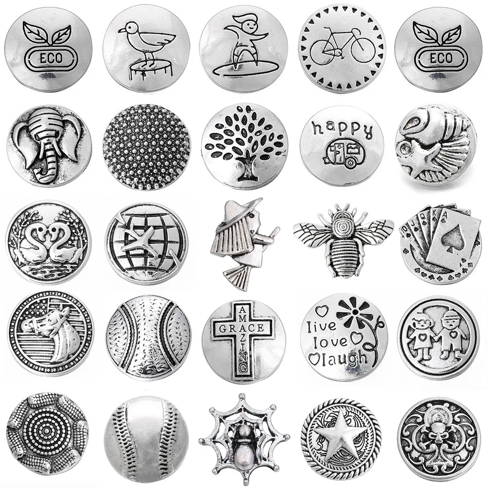 6pcs/lot New Snap Jewelry Round Metal Heart Ball Believe Happy 18mm Snap Buttons Fit Snap Bracelet Mother\'s Day Gift