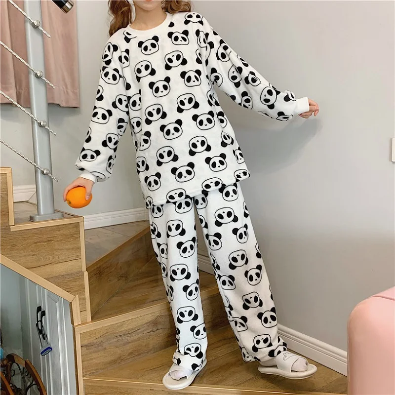 Autumn Winter Women Sweet Pajama Sets Long Sleeve Top and Pants Panda Print Cute Coral Fleece Warm Sleepwear Girly Soft Pyjamas