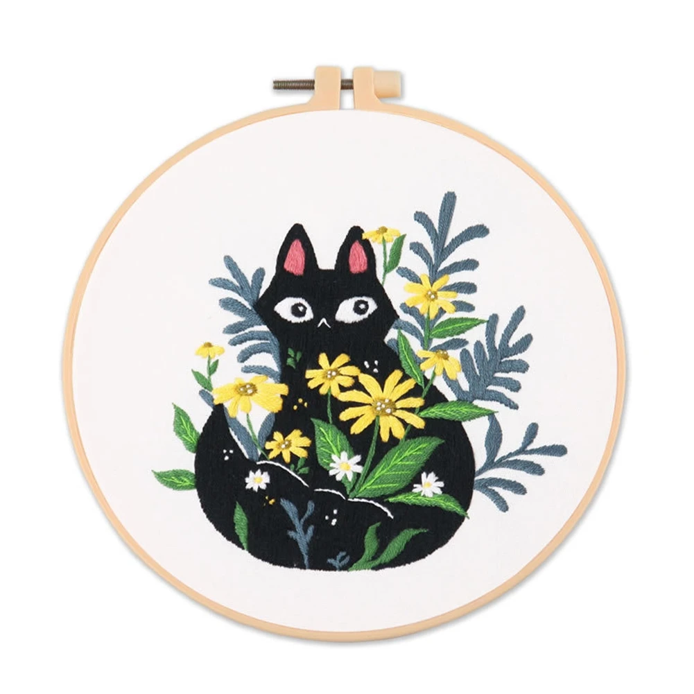 Flower Black Cat Pattern Embroidery Set Needlework Tools Printed Beginner DIY Embroidery Round Cross Stitch Kit Sewing Craft Kit