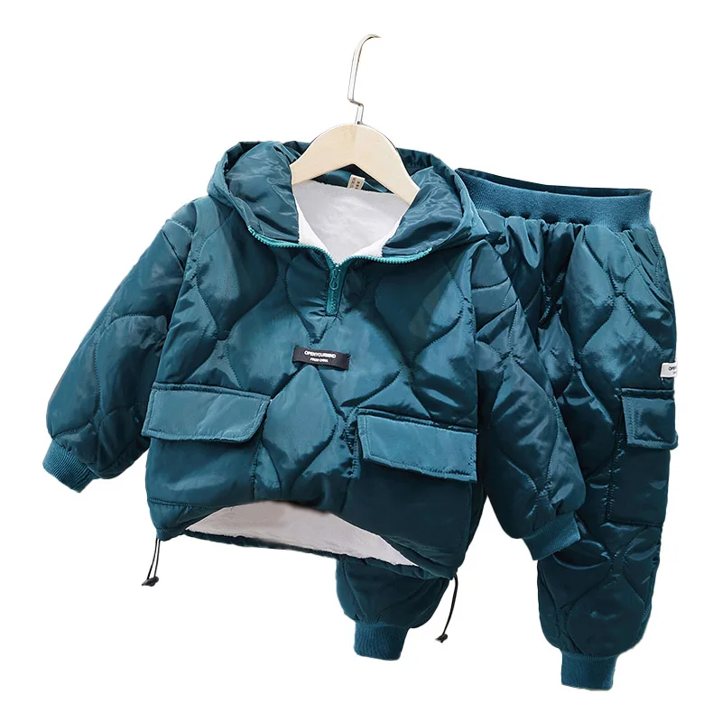 Winter Children Clothes Sets Hooded Warm Velvet Kids Coats+Pants 2Pcs 2023 New Winter Casual Cotton Padded Boys Snowsuit