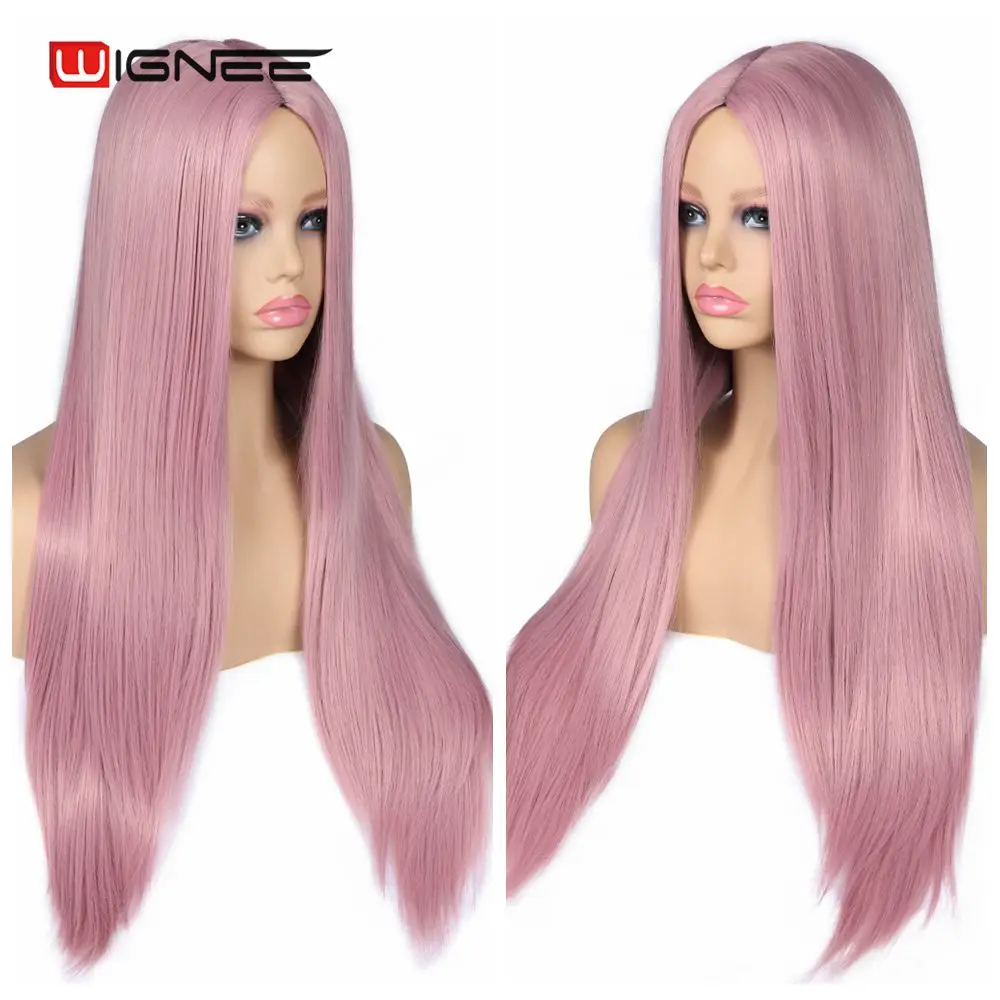 Peluca sintética de pelo largo y liso rosa Wignee para mujer, peluca de Cosplay rosa, pelucas de pelo sin cola resistentes al calor para fiestas,