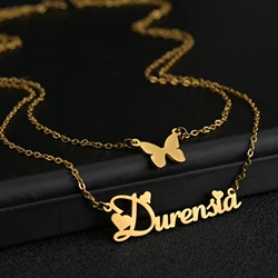 Acheerup Personalized Name Necklace For Women Gold Color Stainless Steel Custom Zircon Butterfly Pendant Choker Jewelry Gifts