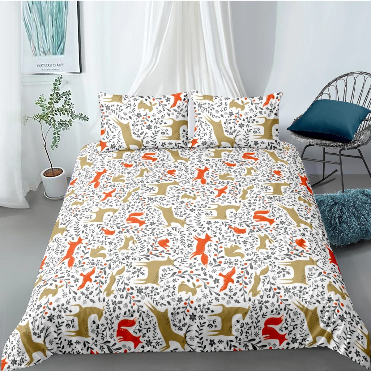 Cartoon Quilt Cover Sets 3D Fox and Deer Linens Bed Pillow Slips King Queen Super King Twin Double Size 160*220cm Bedding Set