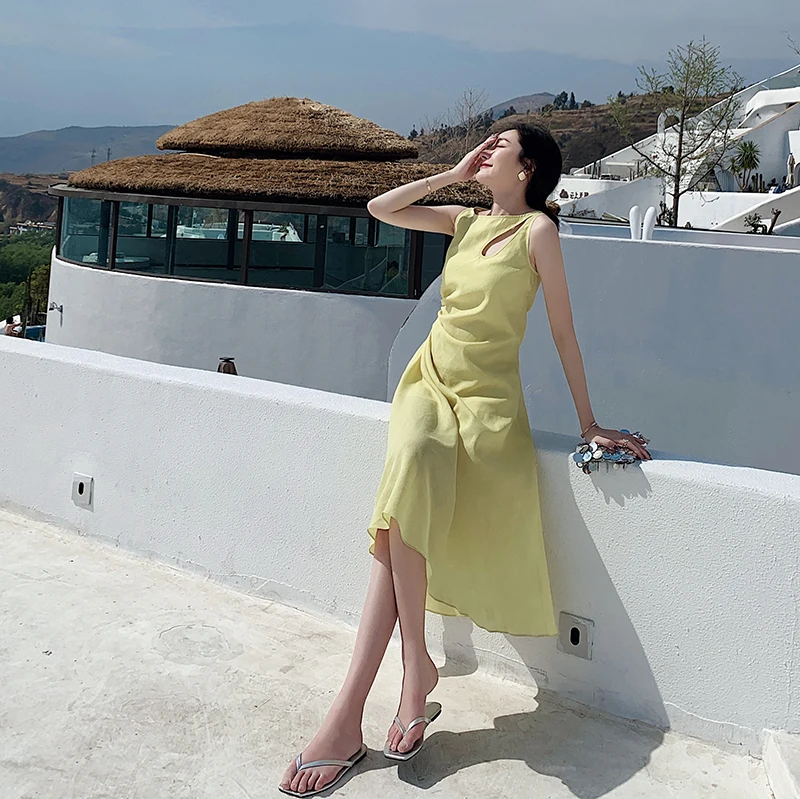 

Summer Dress Seaside Beach Dress 2021 Sleeveless Vest Solid Color Midi Dress Hollow Shirring Hollow Pleated Pullover Vest Dress