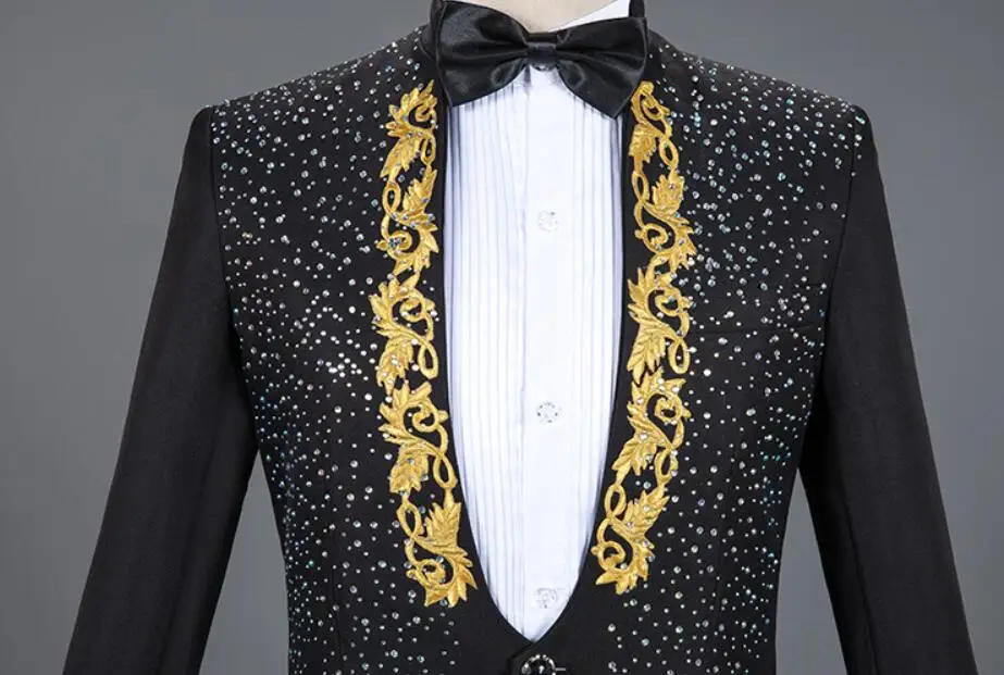 2 Piece Set Men Wedding Groom Suits Rhinestones Blazer Pants Suit Singer Host Concert Stage Outfits Wedding Party Banquet Tuxedo