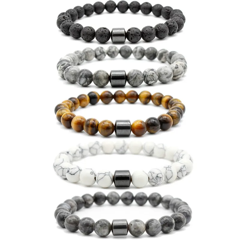 OuGuan 8mm Volcanic Stone / White Stone / Tiger Eye Stone / Map Stone / Black Flash Natural Stone Men's Bracelet Couple Bracelet