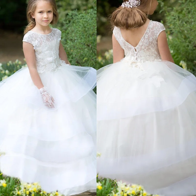 Kids White Wedding Flower Girl Dress First Communion Baptism Princess Special Occasion Ruffle Birthday Party Flower Girls Gown