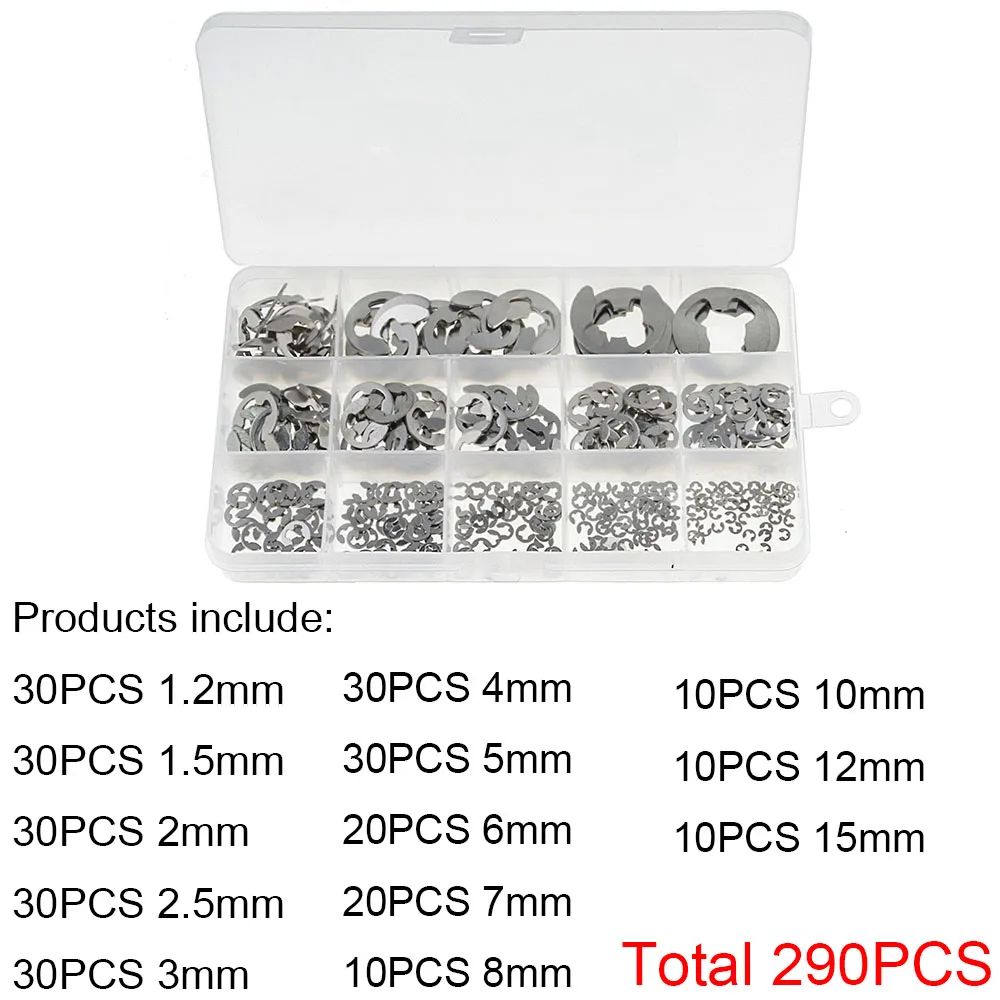 290PCS/Box 1.2-15mm E Clip Circlip Washer Assortment Kit 304 Stainless Steel External Retaining Ring Clip For Pulleys Shaft