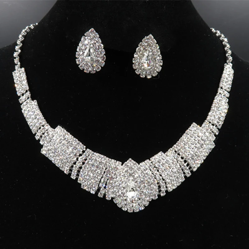 AINAMEISI Luxury Crystal Bridal Jewelry Sets Rhinestone Silver Plated Wedding Acessories Charm Necklace Earrings Sets For Women