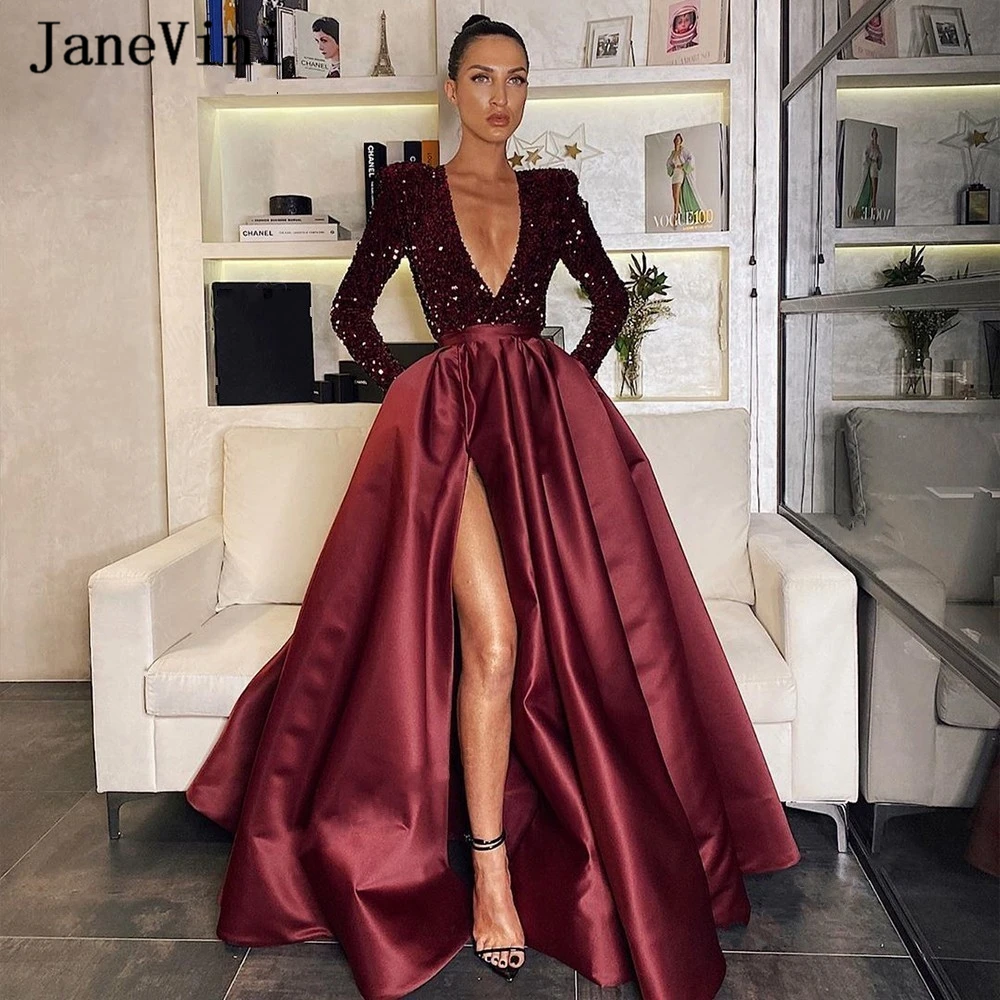 JaneVini – robe de soirée Sexy en Satin pour femmes, bordeaux, dubaï, arabe, manches longues, décolleté en V profond, paillettes scintillantes, ligne A, 2020