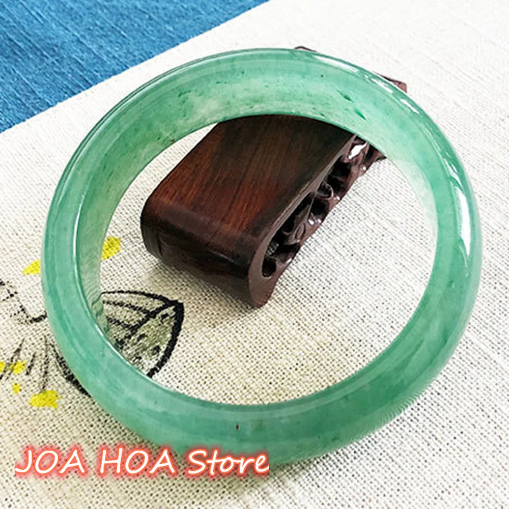 Natural Tanglin Jade Bangle Ice Transparent Floating Green Flower Bracelet Women's  Handring Fine Jewelry