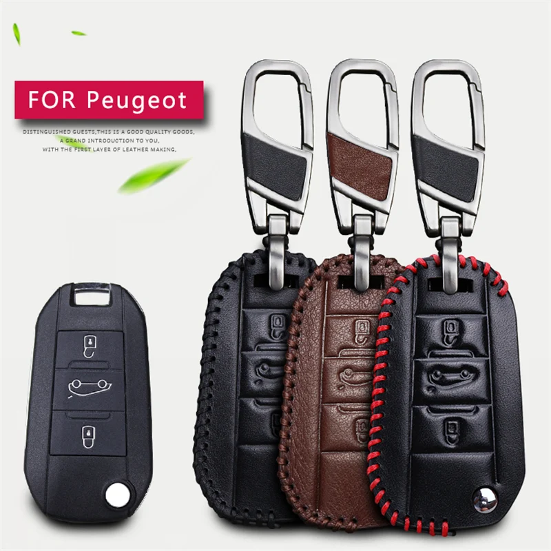 Leather Car Keyring Key Case Cover For Peugeot 107 308 SW 307 407 5008 3008 2008 301 208 206 207 508 408 Key Holder Accessories