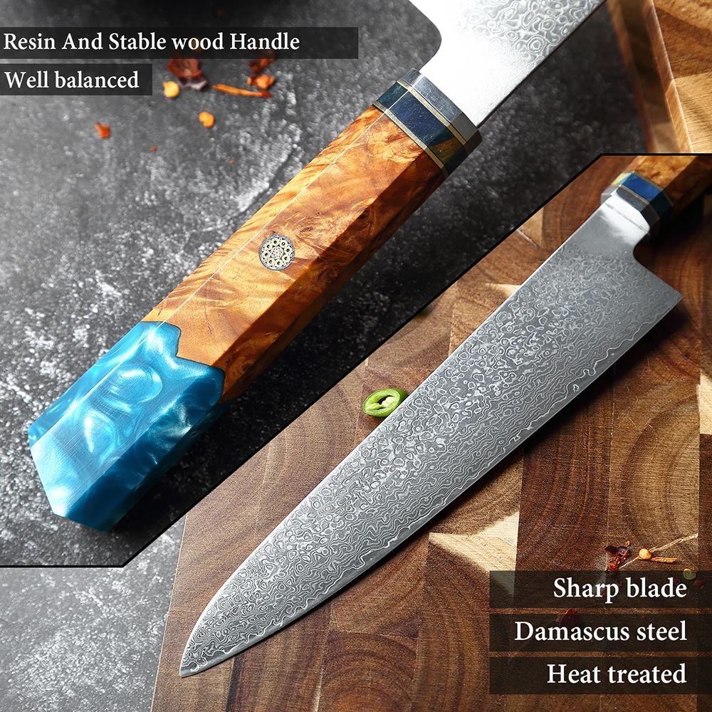 XITUO Kitchen Damascus Knife Set 1-9PC Set Japanese Damascus Steel Chef Knife Santoku Paring Knives Blue resin and wood handle