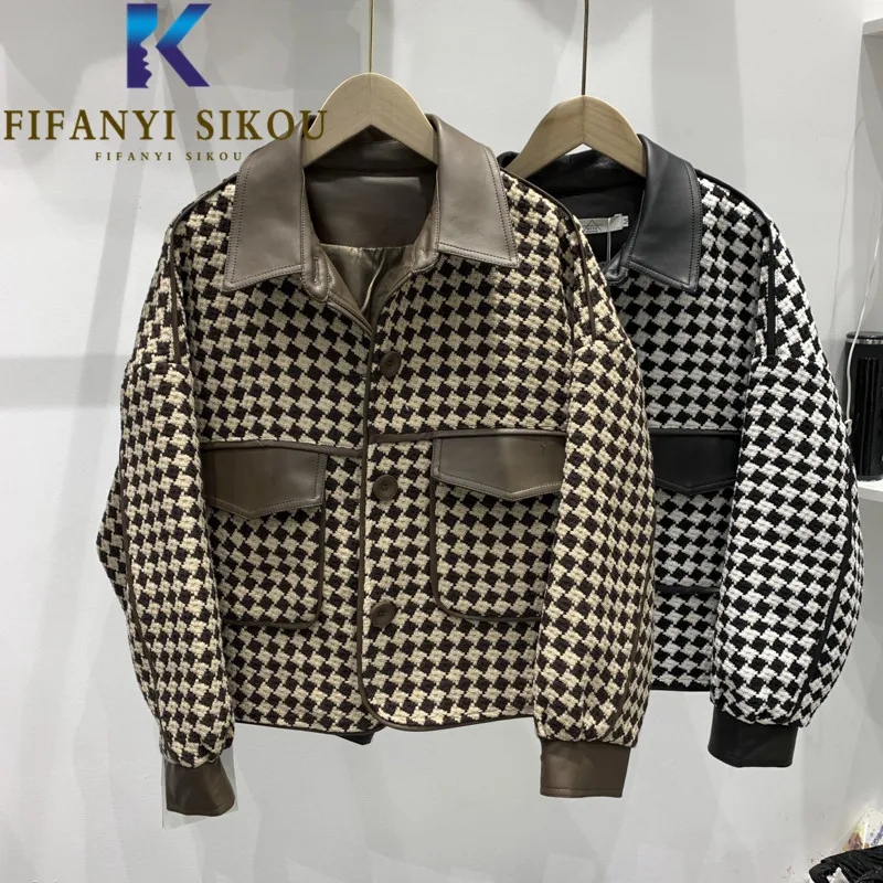 

Plaid Tweed Jacket Women PU Leather Spliced Fashion Big Pocket Lapel Bomber Jacket Autumn Winter Loose Casual Short Coat Female