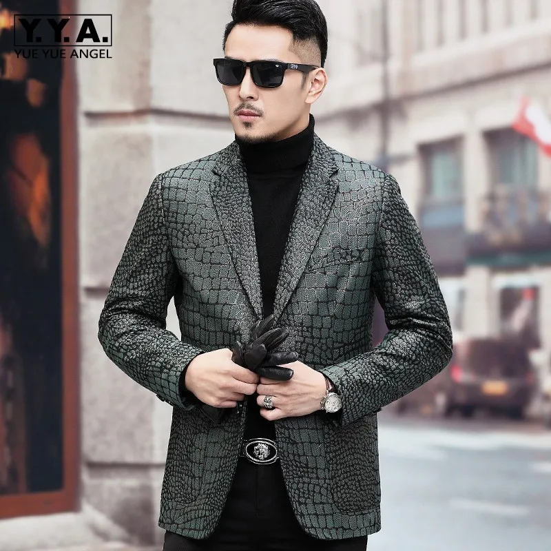 New Mens Crocodile Pattern Real Sheepskin Jacket Slim Fit Business Man Blazer Suit Single Breasted  Genuine Leather Jacket 4XL