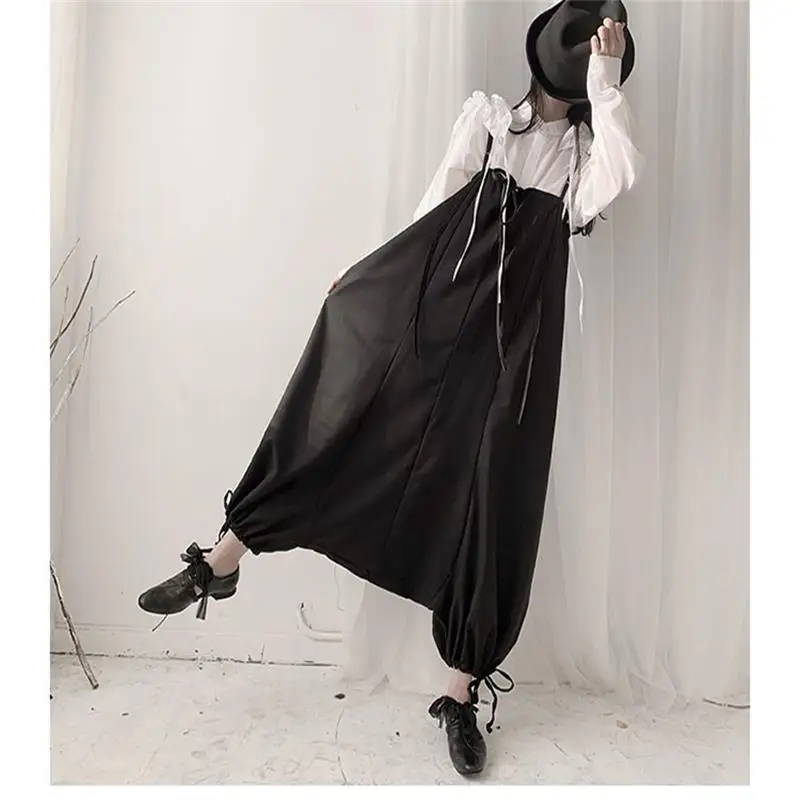 Spring and Autumn women's fashion new pocket design straps jumpsuit trouser leg drawstring black belted low fashion pants