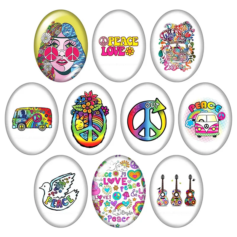 

Peace Love Symbol hippie Car bicycle 10pcs 13x18mm/18x25mm/30x40mm mixed Oval photo glass cabochon flat back Jewelry findings