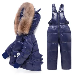 New Winter Childrens Clothing Sets Warm Baby Boy Ski Suits Snowsuits Real Fur Girl's Down Jackets Outerwear Coat+suspender jumps