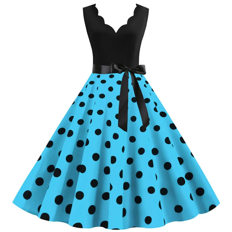 Polka Dot Print Women Summer Dress Black Patchwork Sleeveless V Neck Elegant Vintage Party Casual Midi Dress