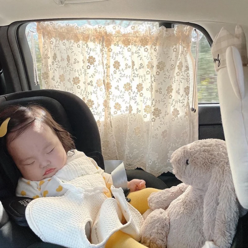 White Lace Sheer Curtains Embroidered Princess Tulle Drapes for Car Double Layer Cars Window Screening Panels With Suction Cups